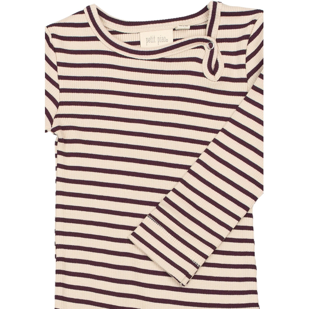 PETIT PIAO Jumpsuit L/S Modal Striped Jumpsuit Dark Grape/off white