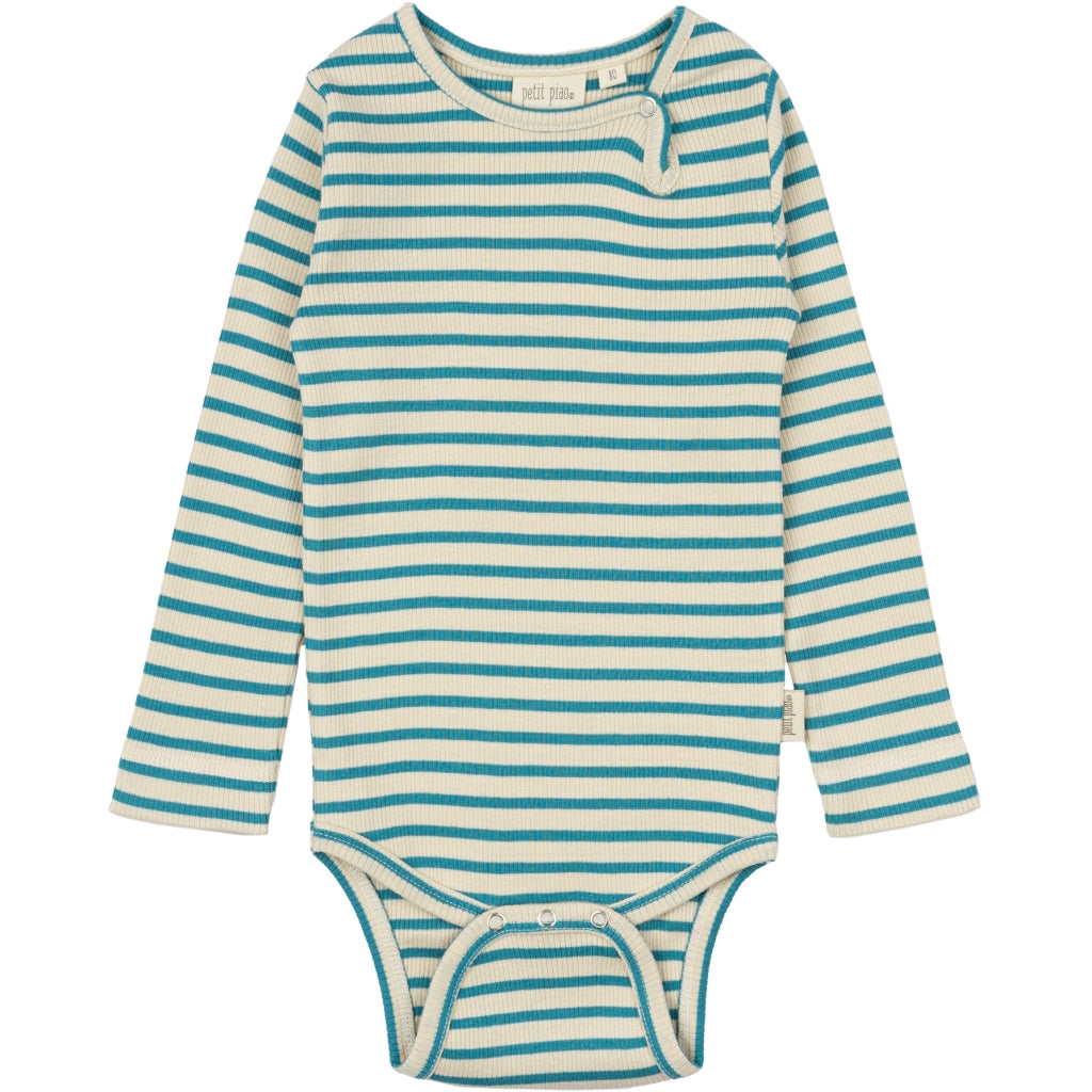 PETIT PIAO Body L/S Modal Striped Bodystockings Turquise /Dark off white