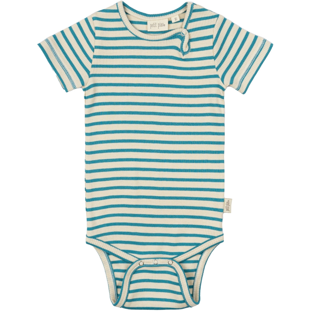 PETIT PIAO Body S/S Modal Striped Bodystockings Turquise /Dark off white