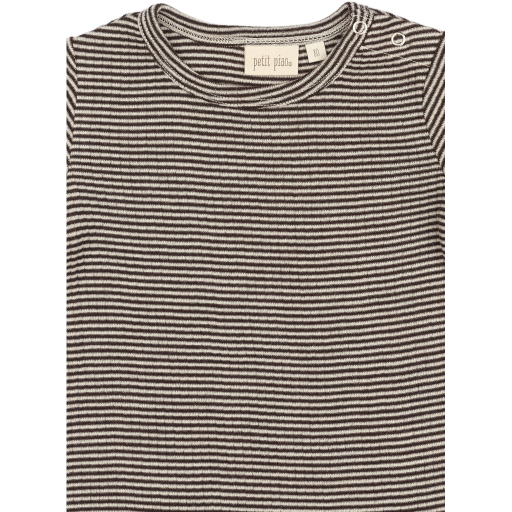 PETIT PIAO PPDante T-Shirt L/S Meriono Wool Striped L_S Tee Coffee Bean/Dark Off White