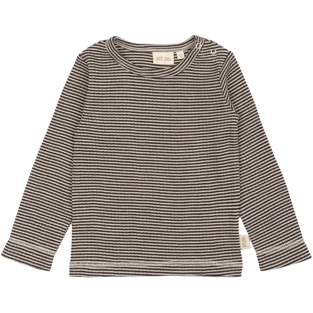 PETIT PIAO PPDante T-Shirt L/S Meriono Wool Striped L_S Tee Coffee Bean/Dark Off White