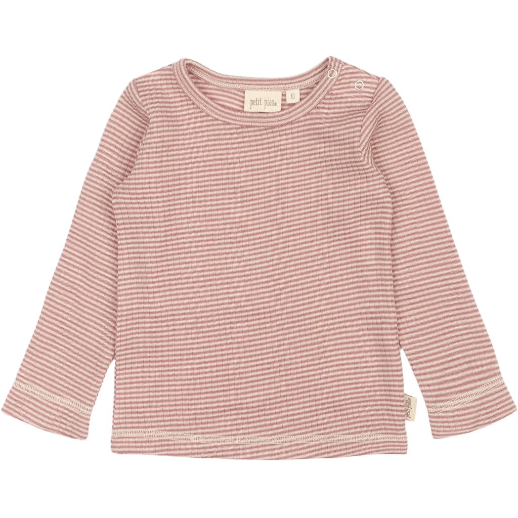 PETIT PIAO PPDante T-Shirt L/S Meriono Wool Striped L_S Tee Nostalgic Rose/Dark Off White